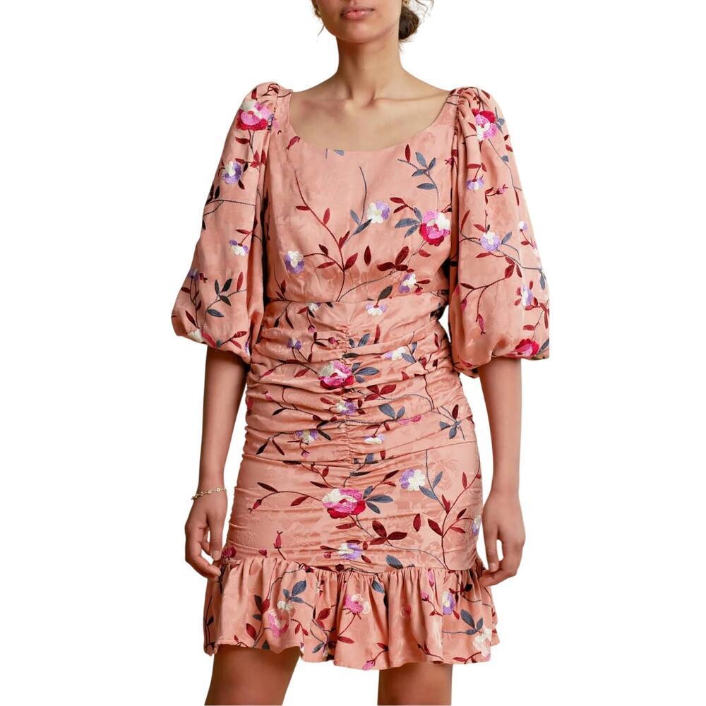 Bytimo Dresses Bytimo Ruched Floral Blush Embroidered Jacquard Dress Size M - Picture 2 of 4